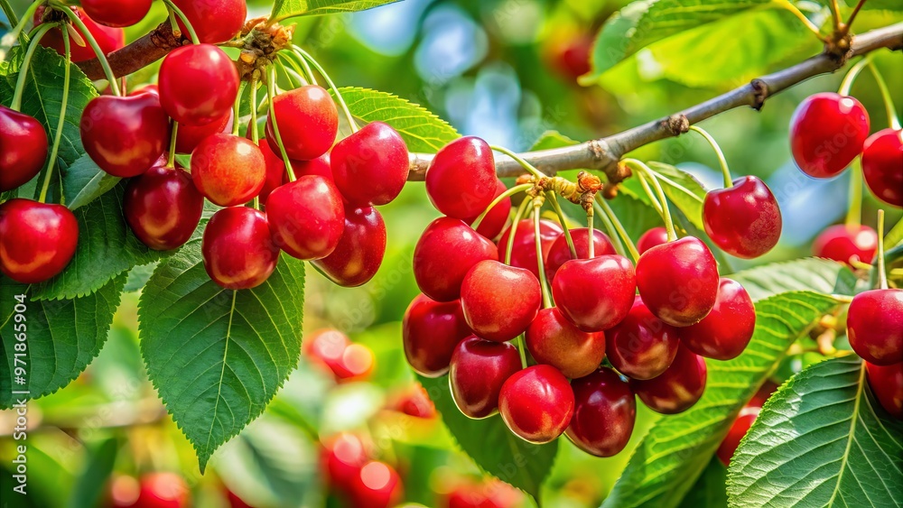 Lustrous red cherries cluster on the branches, surrounded by emerald green foliage, announcing the arrival of summer Lustrous red cherries cluster on the branches, surrounded by emerald green foliage, announcing the arrival of summer