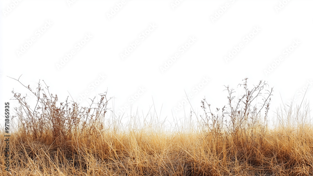 Fototapeta premium Rustic Isolation: Dry Grass Field on White Background with Deep Focus
