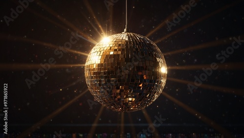 Glittering golden disco ball with bright light rays, dark backdrop. photo