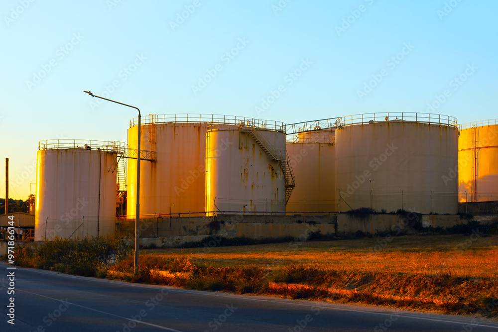 Oil storage tanks at refinery plant. Stainless tanks at chemical industrial factory