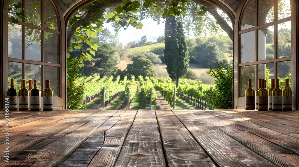 Vineyard view through empty window. Vineyard view through empty window.