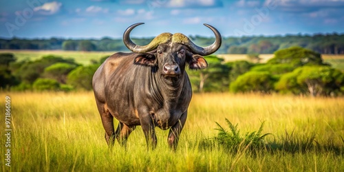 Majestic muscular African forest buffalo stands tall in a lush clearing, surrounded by swaying grasses and distant