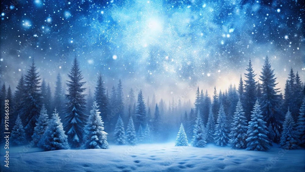 Winter wonderland of heavy snowfall in a dark blue fog forest Winter wonderland of heavy snowfall in a dark blue fog forest