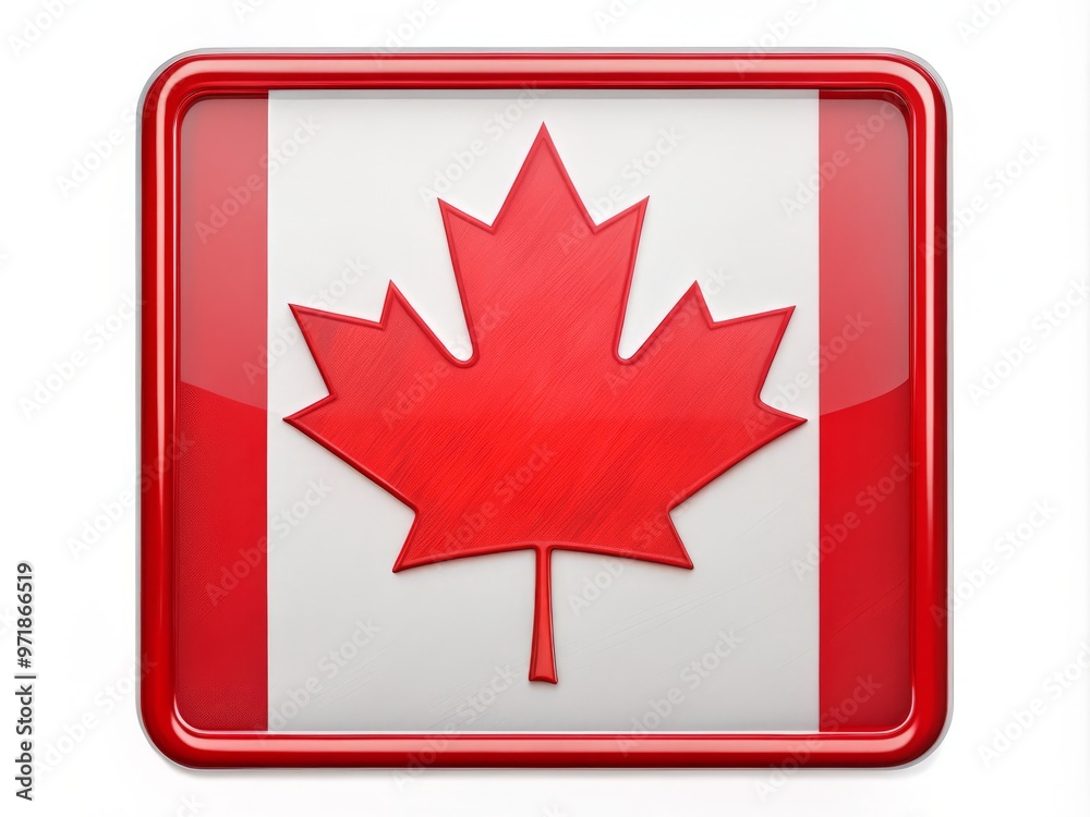 Obraz premium A vibrant red maple leaf emblem waves proudly on a white background with red borders, symbolizing national pride