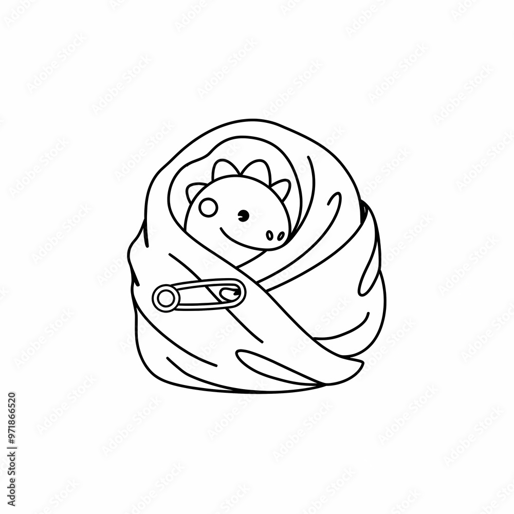 Fototapeta premium A small dinosaur wrapped up in a blanket, Minimalist One Line illustration