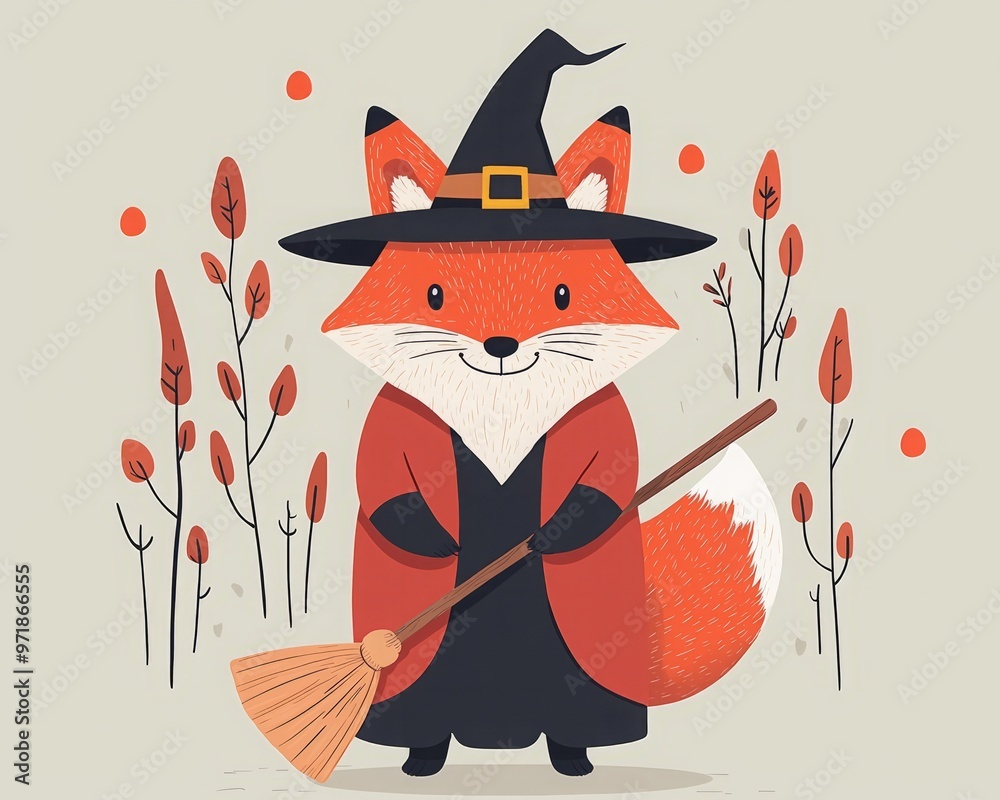 Obraz premium A cute cartoon fox dressed as a witch, complete with a broom and hat, set against a backdrop of autumn foliage.