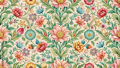 Floral seamless pattern with intricate ornaments for wallpaper and textiles. Spring-inspired design featuring flowers and foliage