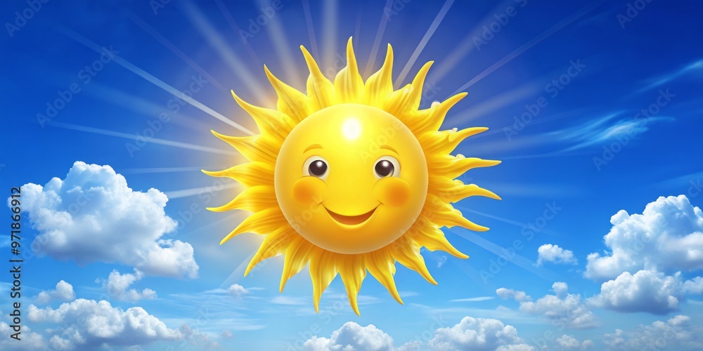 A vibrant, stylized sun with a smiling face and bright, shining rays, set against a clear blue sky A vibrant, stylized sun with a smiling face and bright, shining rays, set against a clear blue sky