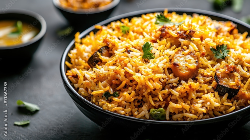 Delicious Indian Vegetable Biryani in Black Bowl Delicious Indian Vegetable Biryani in Black Bowl