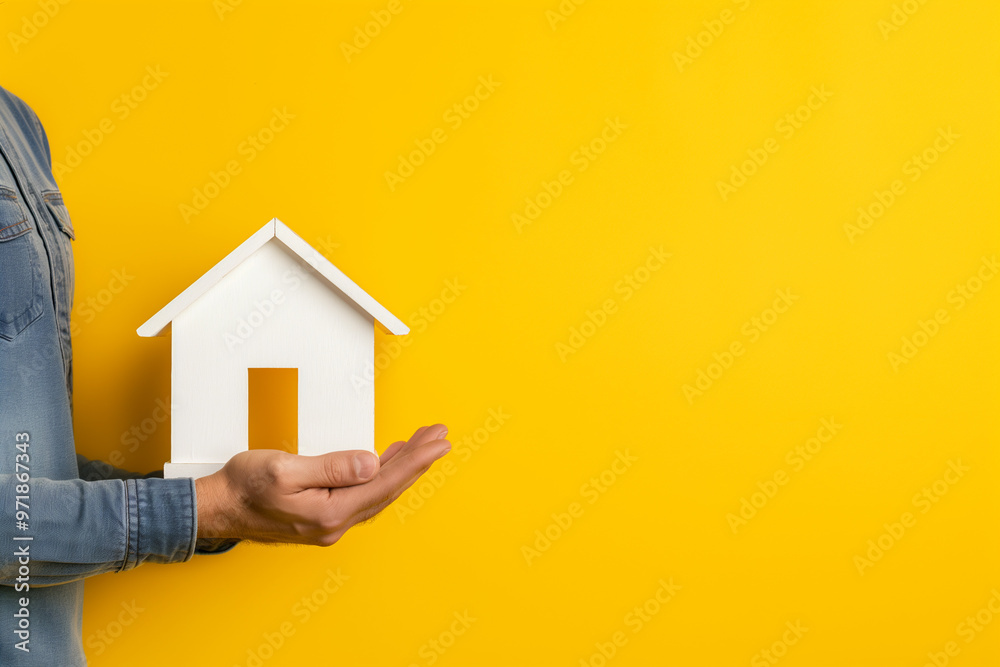 Naklejka premium “Man Holding White House Model Against Vibrant Yellow Background”