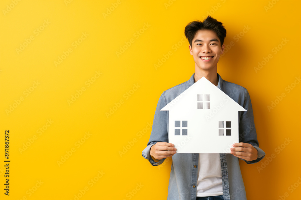 “Man Holding White House Model Against Vibrant Yellow Background” “Man Holding White House Model Against Vibrant Yellow Background”