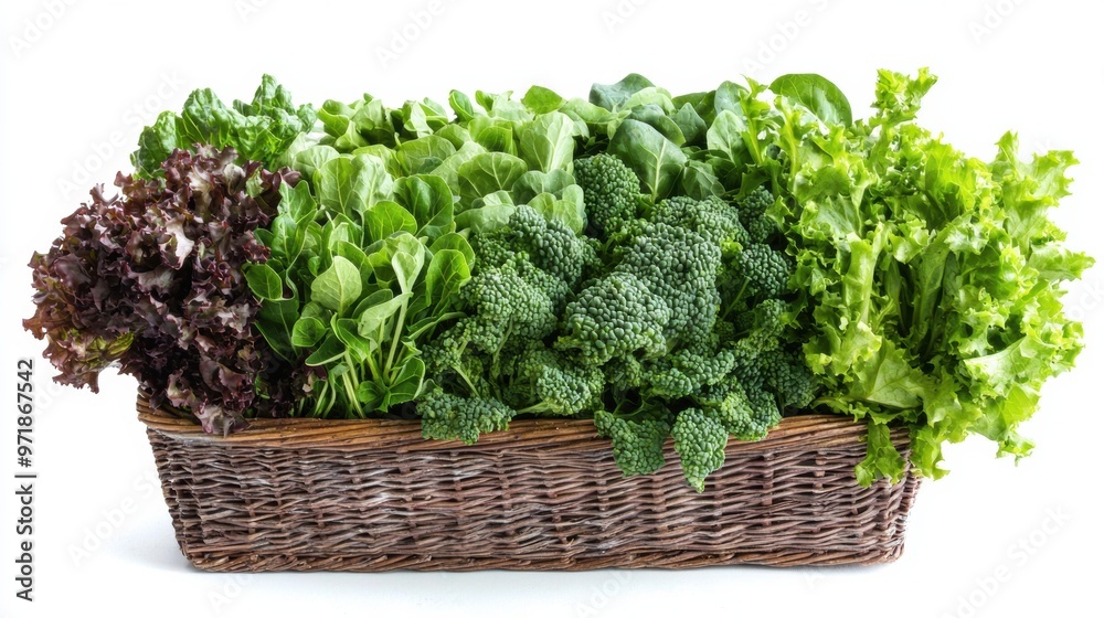 Bountiful Harvest of Fresh Organic Leafy Greens and Vegetables in Wicker Basket Bountiful Harvest of Fresh Organic Leafy Greens and Vegetables in Wicker Basket