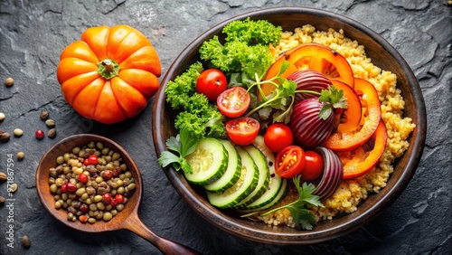 A colorful vegetarian Buddha bowl with roasted pumpkin, quinoa, tomatoes, and green salad on a slate background