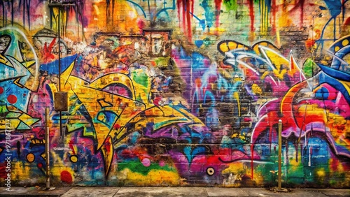 Abstract graffiti wall texture with colorful tags, inscriptions, and spray paint stains