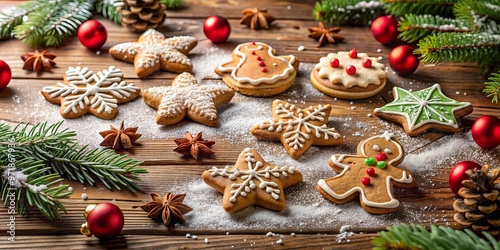 Christmas cookies decorated with confectioners' sugar arranged in a festive scene