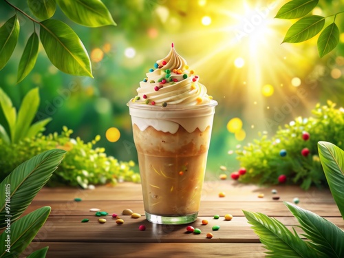 A whimsical, hand-drawn illustration of a refreshing iced latte drink, adorned with creamy foam, colorful sprinkles, photo