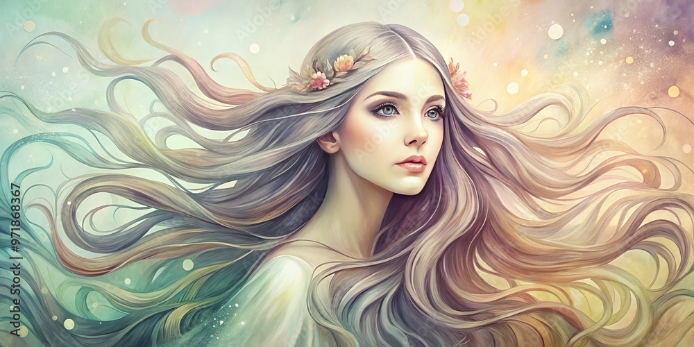 A whimsical, hand-drawn illustration of a woman with long, layered hair, flowing tendrils, and subtle highlights, set A whimsical, hand-drawn illustration of a woman with long, layered hair, flowing tendrils, and subtle highlights, set