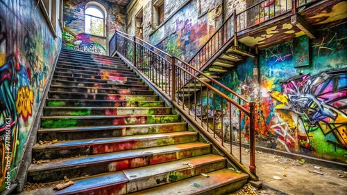 Graffiti art adorning a staircase in a decaying building