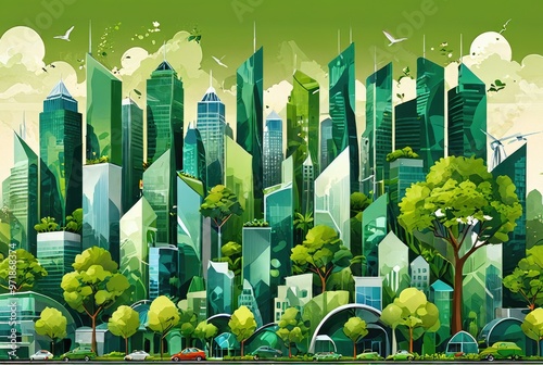 Environmentally friendly city of the future with vertical gardens and green plants on a clean green city, zero emission buildings, Generative AI