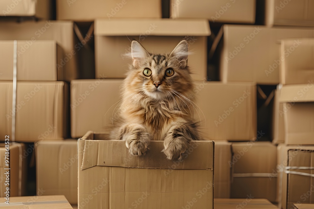Fototapeta premium Cardboard boxes hold curious cat.
