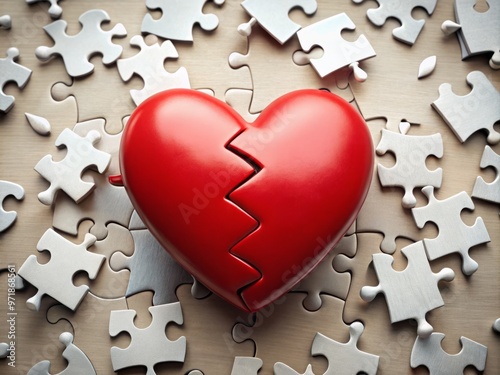 A whimsical illustration of a broken heart surrounded by puzzle pieces, symbolizing the idiomatic expression 