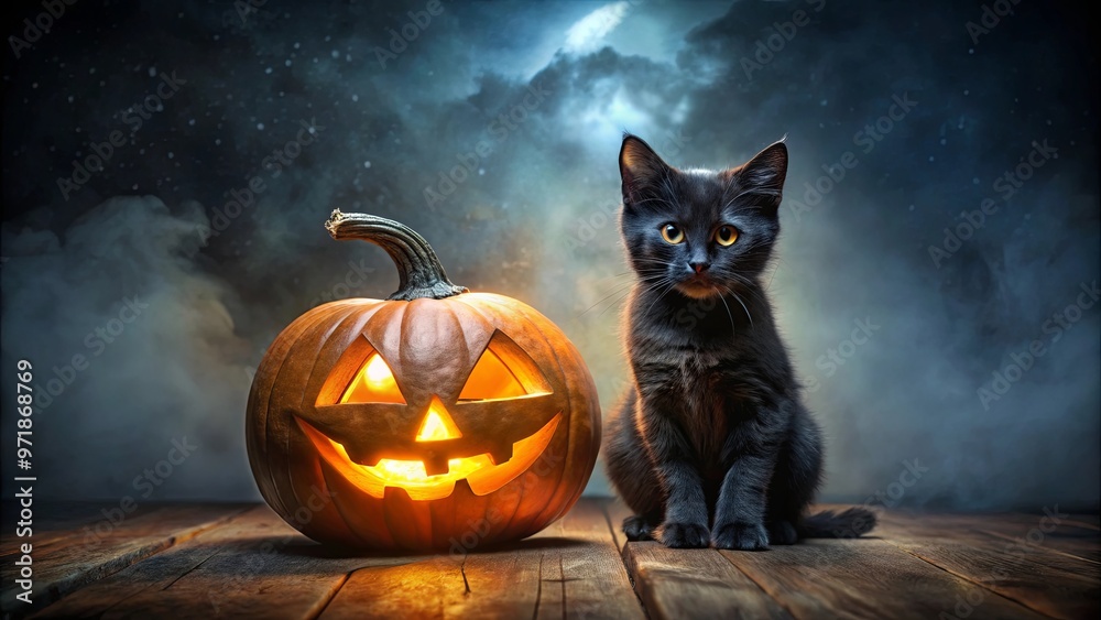A spooky Halloween pumpkin lantern with a mysterious black kitten in front of an ominous dark background A spooky Halloween pumpkin lantern with a mysterious black kitten in front of an ominous dark background