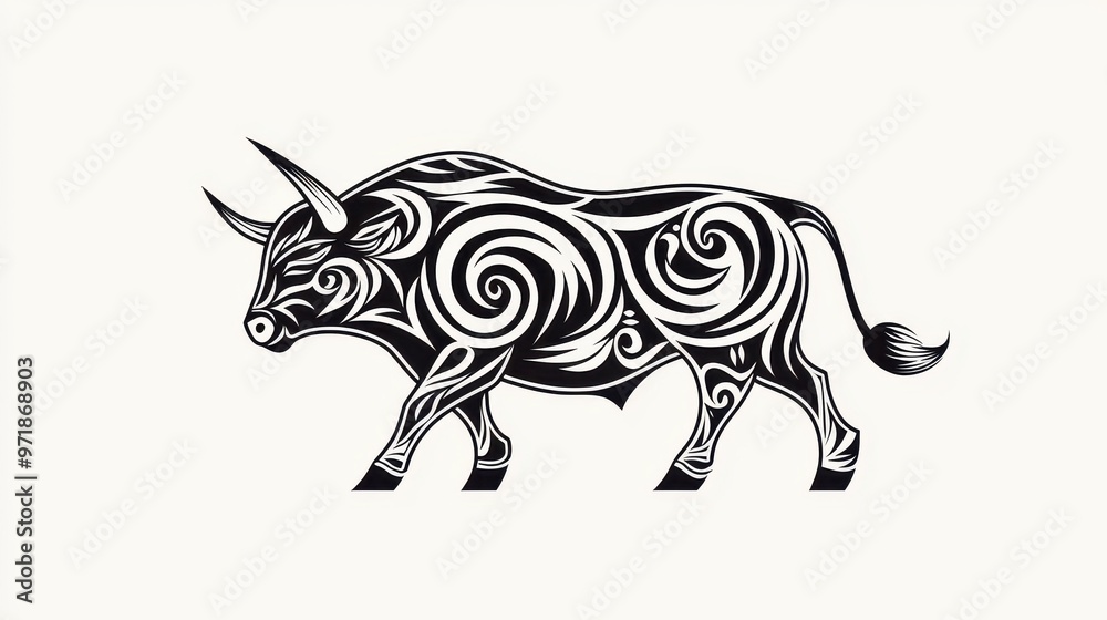 Ornate Bull Silhouette Black and White Tattoo Style Animal Illustration Ornate Bull Silhouette Black and White Tattoo Style Animal Illustration