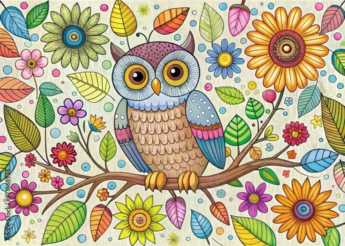 A whimsical illustration of a wise owl perched on a branch, surrounded by colorful leaves and flowers, perfect photo