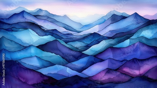 A beautiful watercolor landscape featuring layered mountains in shades of blue and purple, evoking tranquility and harmony.