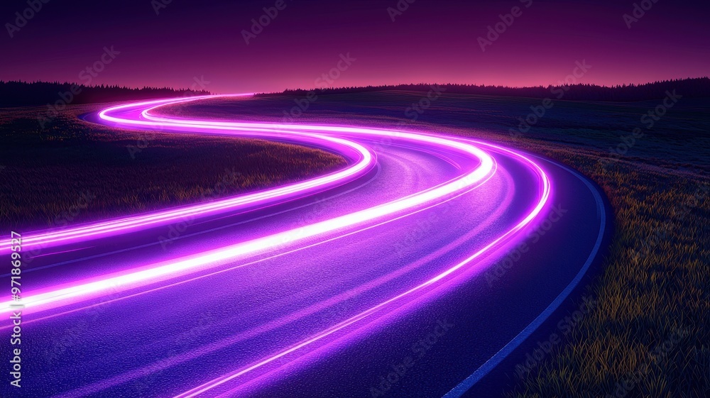 A winding road illuminated by vibrant purple lights, creating a surreal and captivating night scene.
