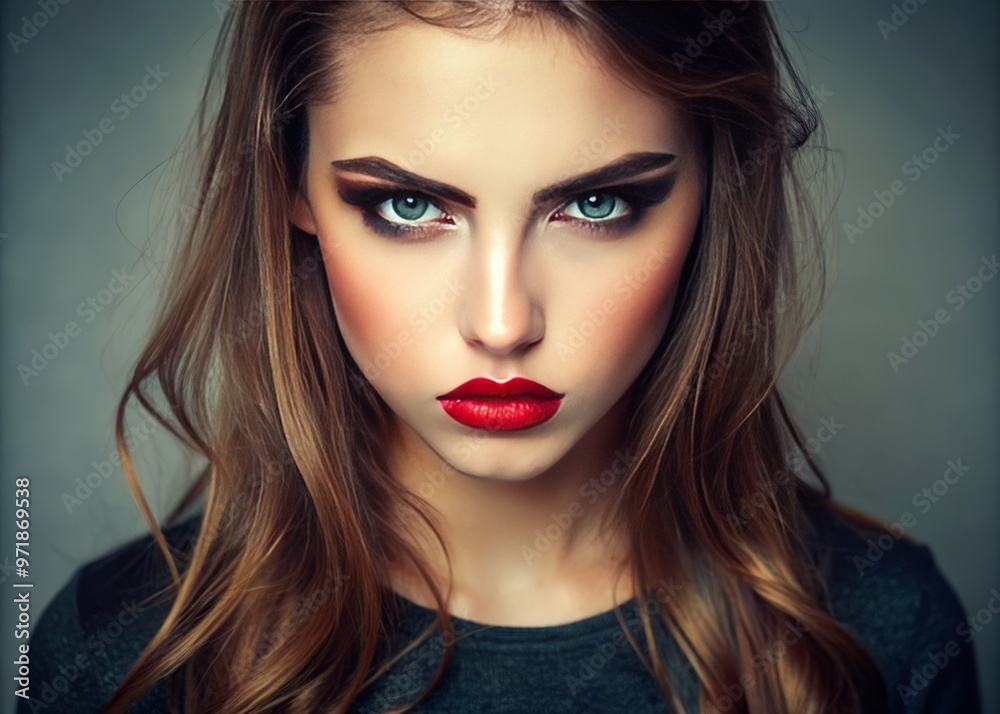 A young woman with a pouty expression, pursed lips, and raised eyebrows, posing for a camera with a A young woman with a pouty expression, pursed lips, and raised eyebrows, posing for a camera with a