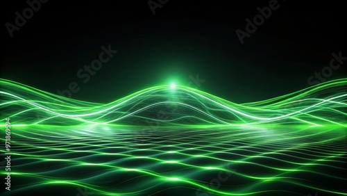 Futuristic technology concept with abstract black background and glowing green neon waves