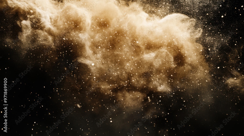 Dynamic Digital Art of a Dust Cloud with Sand Particles on Black Background – Evoking an Underwater Explosion Effect Dynamic Digital Art of a Dust Cloud with Sand Particles on Black Background – Evoking an Underwater Explosion Effect