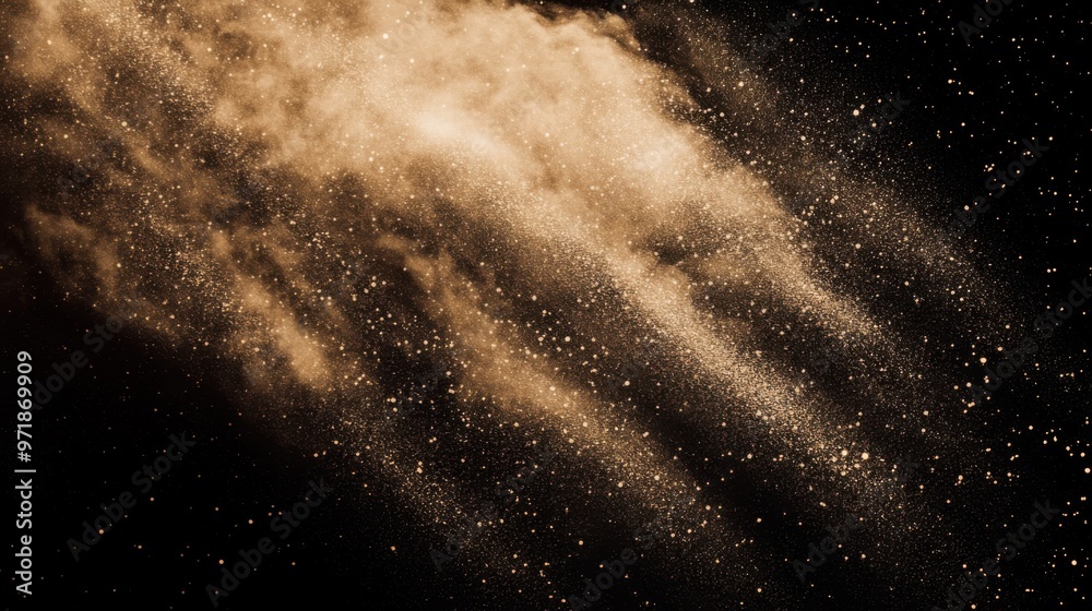 Obraz premium Dynamic Digital Art of a Dust Cloud with Sand Particles on Black Background – Evoking an Underwater Explosion Effect