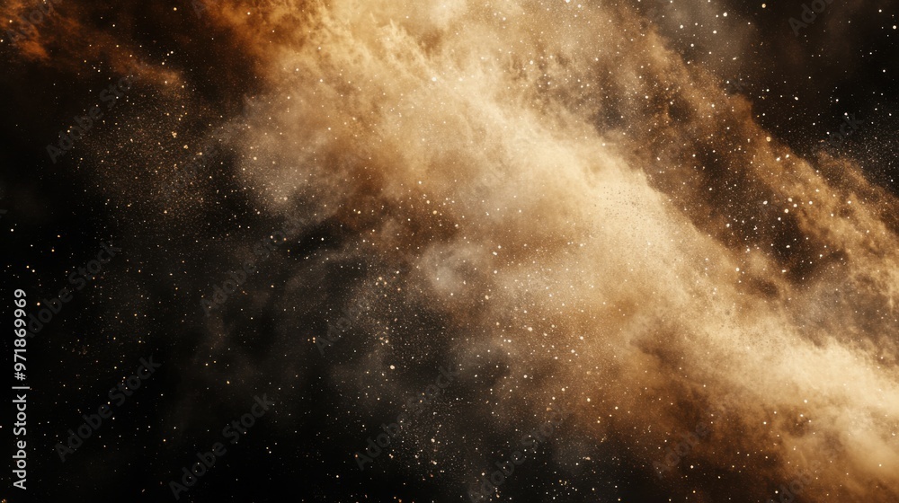 Dynamic Digital Art of a Dust Cloud with Sand Particles on Black Background – Evoking an Underwater Explosion Effect Dynamic Digital Art of a Dust Cloud with Sand Particles on Black Background – Evoking an Underwater Explosion Effect