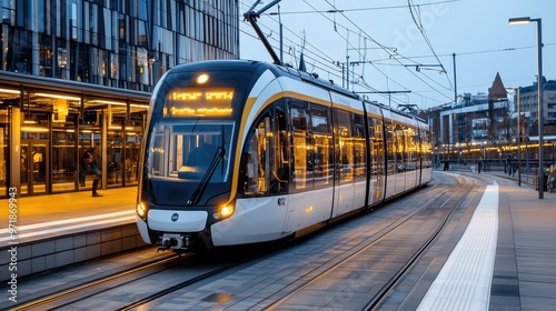 Modern Tram at Dusk in City Setting