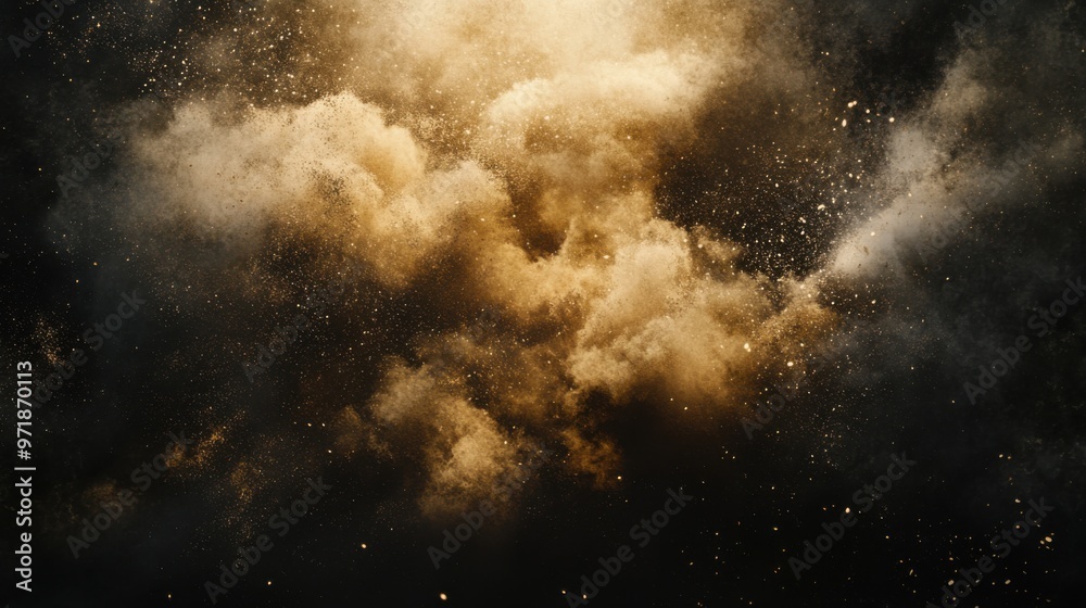 Dynamic Digital Art of a Dust Cloud with Sand Particles on Black Background – Evoking an Underwater Explosion Effect Dynamic Digital Art of a Dust Cloud with Sand Particles on Black Background – Evoking an Underwater Explosion Effect