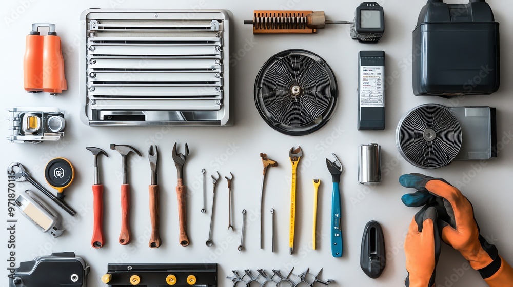 A flat lay of various tools and equipment on a white background. A flat lay of various tools and equipment on a white background.