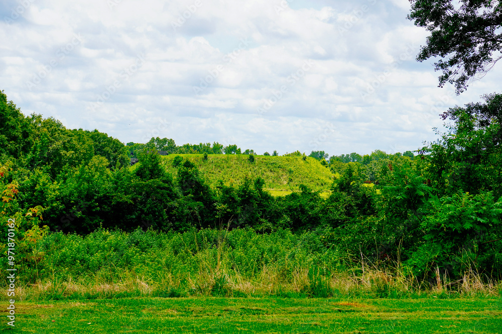 Obraz premium Macon, Georgia, USA- 07 20 2024: The landscape of Ocmulgee Mounds National Historical Park