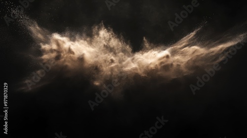 Dynamic Digital Art of a Dust Cloud with Sand Particles on Black Background – Evoking an Underwater Explosion Effect