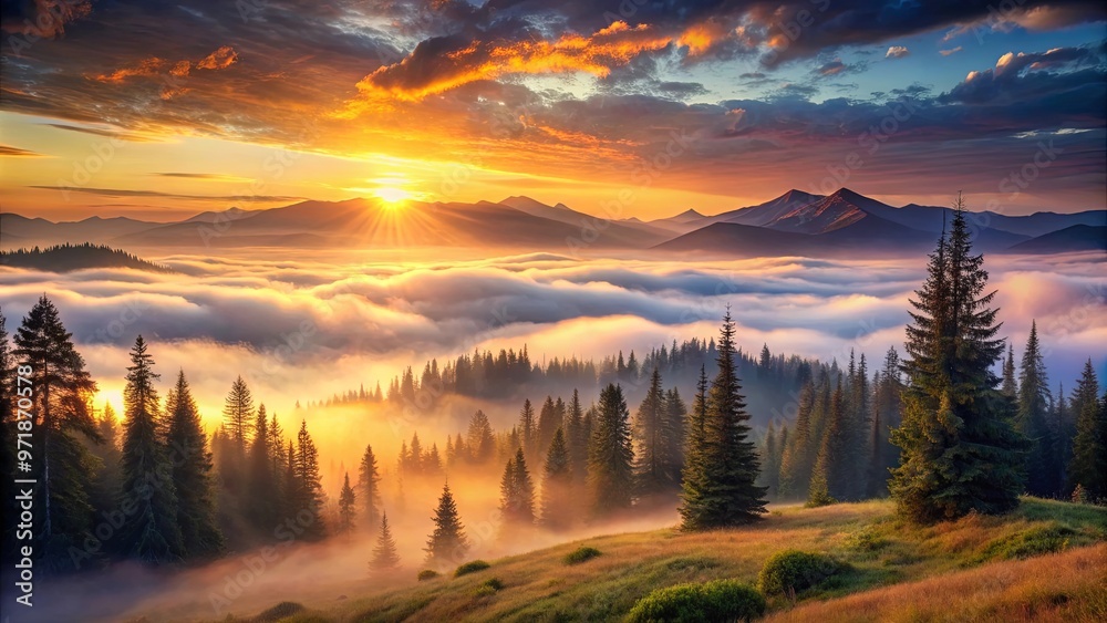 Obraz premium Beautiful landscape painting of a sunset over foggy mountains with pine trees and sun rising in the distance