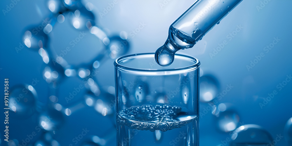 Pipette releasing liquid into glass container, Laboratory dropper with blue solution, Close-up of medical pipette dropping liquid into chemical test tubes, Abstract Water Formula in Motion Pipette releasing liquid into glass container, Laboratory dropper with blue solution, Close-up of medical pipette dropping liquid into chemical test tubes, Abstract Water Formula in Motion