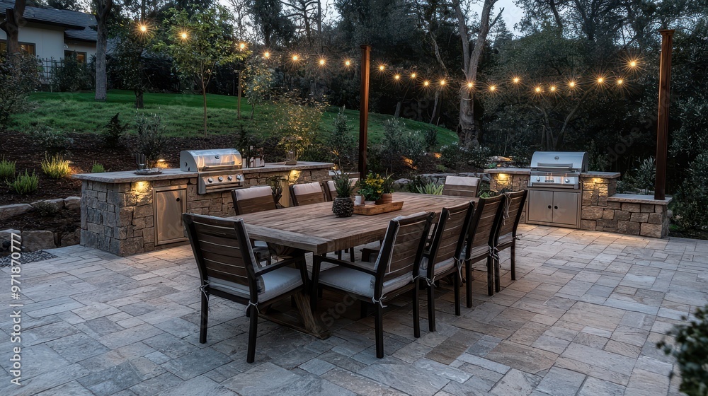 Fototapeta premium Modern Outdoor Dining Area with Stone Patio Grill and String Lights