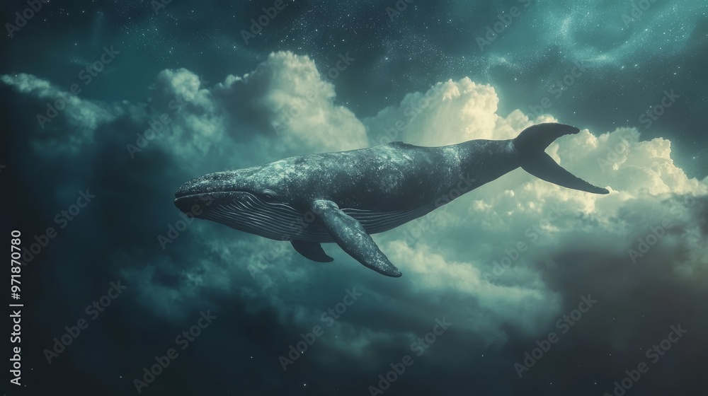 Fototapeta premium A majestic whale gliding through a surreal sky, surrounded by clouds and stars below, creating a dreamlike and ethereal atmosphere