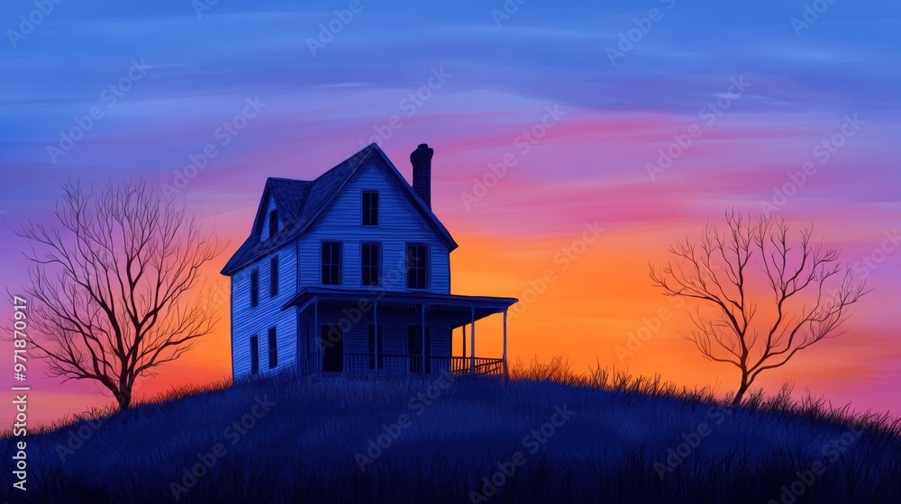Abandoned haunted house on hill, Halloween night, 3D illustrations Abandoned haunted house on hill, Halloween night, 3D illustrations