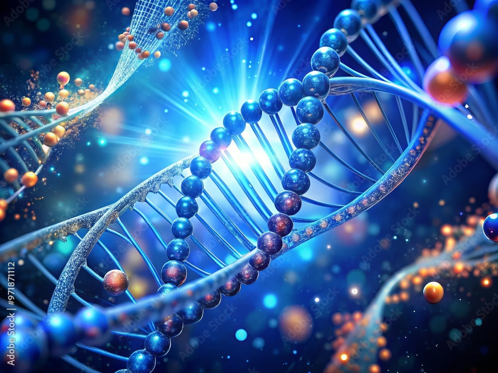 Colorful 3D illustration of a double helix DNA molecule with glowing blue lights and swirling shapes, surrounded by Colorful 3D illustration of a double helix DNA molecule with glowing blue lights and swirling shapes, surrounded by