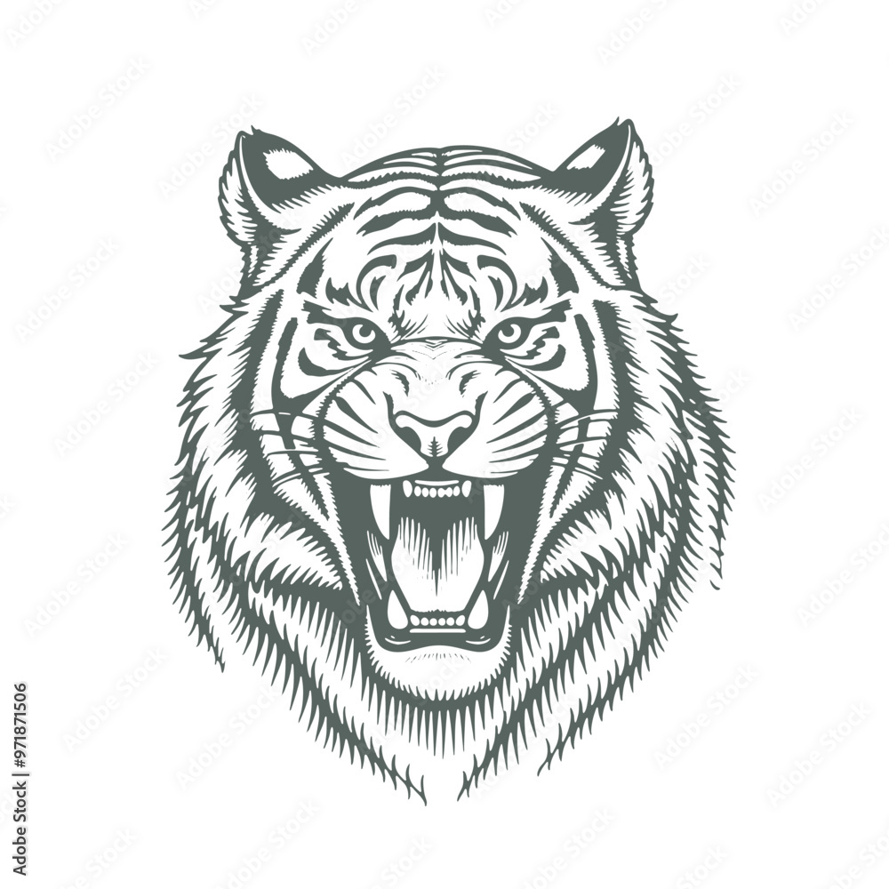 Fototapeta premium Wild Animal Tiger Head in Sketch Style, Hand-Drawn Vector Art
