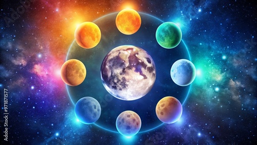 Colorful astronomy-inspired illustration showcasing the eight distinct phases of the moon, from new moon to full moon