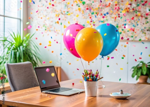 Colorful balloons and confetti surround a desk with a laptop and planner, celebrating a milestone of dedicated service photo