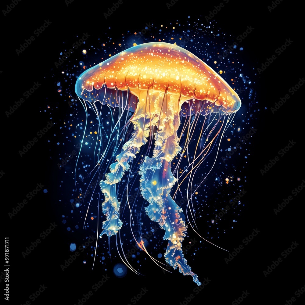 Glowing Jellyfish with Sparkles on Black Background